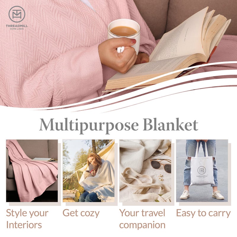 Threadmill Luxury Cotton Blankets for Queen Size Bed | All-Season 100% Cotton Queen Size Blanket | Herringbone Cozy, Soft Breathable Fall Thermal Blanket fits Full Size Bed | English Rose - Image 3